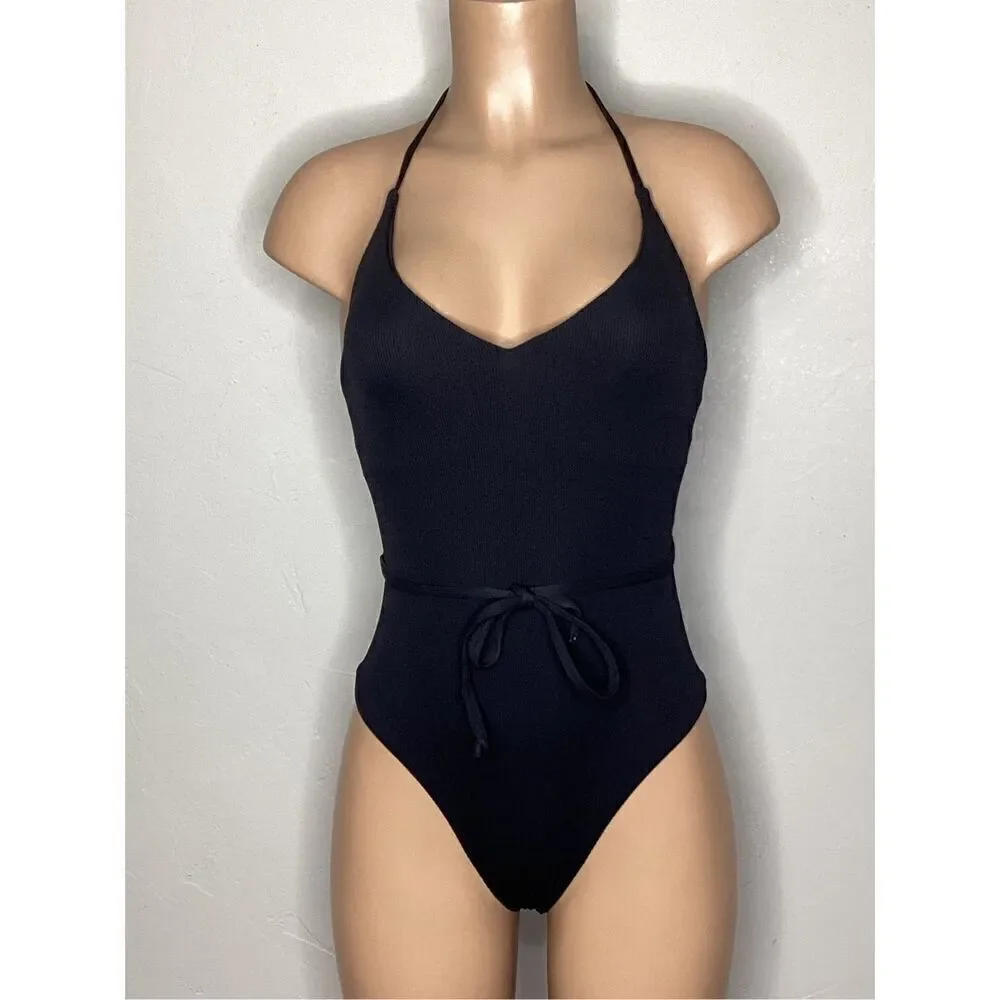 New. AQUA black ribbed v-neck. Medium . Retails $98